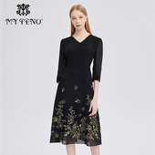 专柜正品 马天奴女秋冬V领绣花网布连衣裙子礼裙MRS156DRX0