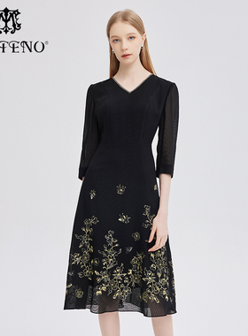 专柜正品马天奴女秋冬V领绣花网布连衣裙子礼裙MRS156DRX0