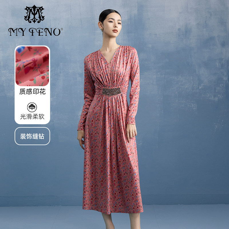 马天奴夏季新款女印花连衣裙缝钻收腰显瘦度假坠感长裙子时尚休闲