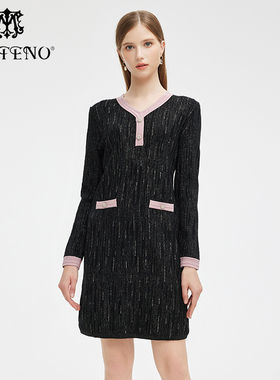 专柜正品马天奴秋冬秋冬黑色V领小香风针织连衣裙子女MRA511SWH0