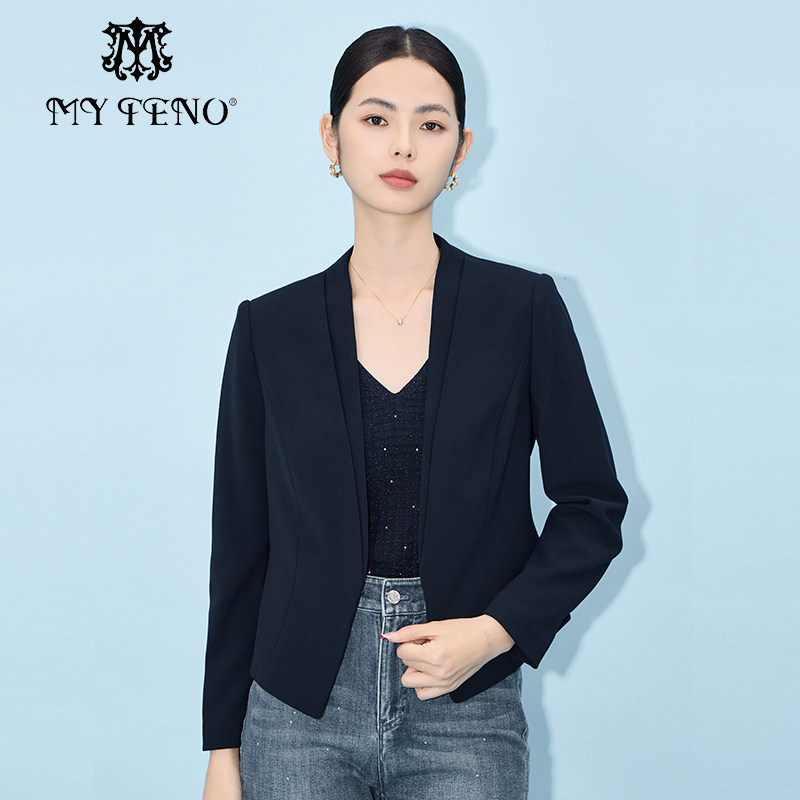 专柜正品马天奴秋冬蓝色V领收腰修身西装外套西服通勤女装