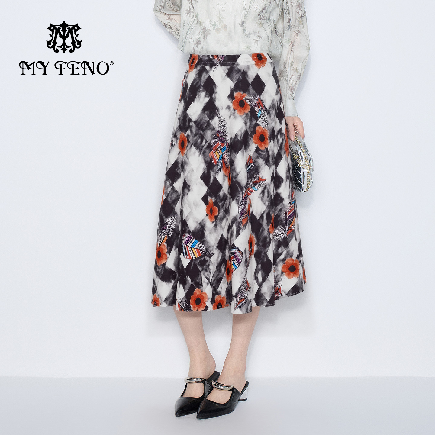 马天奴水墨印花醋酸混纺半身裙