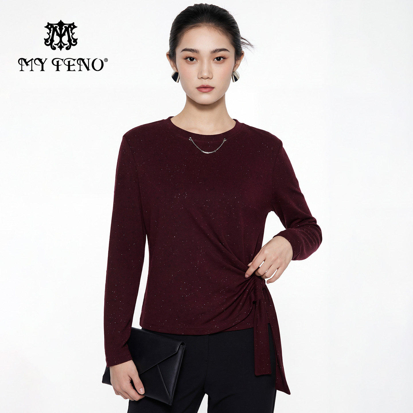 马天奴2026春夏新款链条圆领长袖上衣抓褶绑带收腰气质时尚百搭女