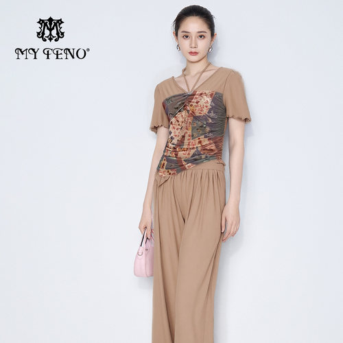 MY TENO/马天奴真丝香云纱套装女夏V领短袖收腰印花上衣两件套
