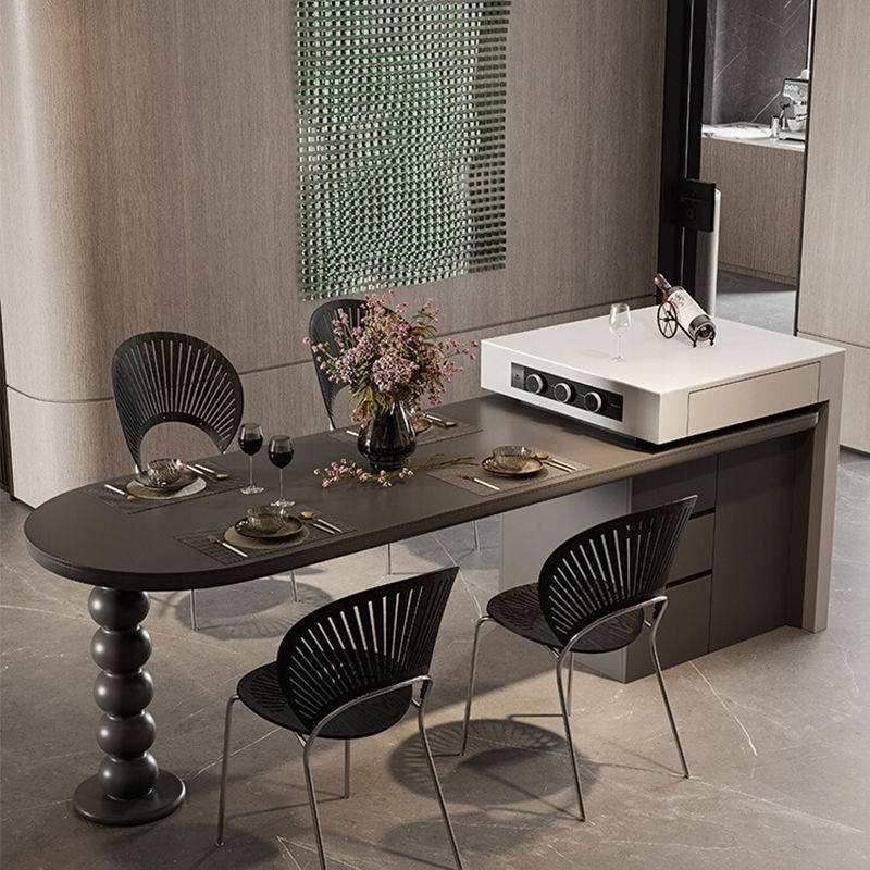 黑色岩板岛台餐桌一体家用法式复古风意式全实木高级端可伸缩倒台