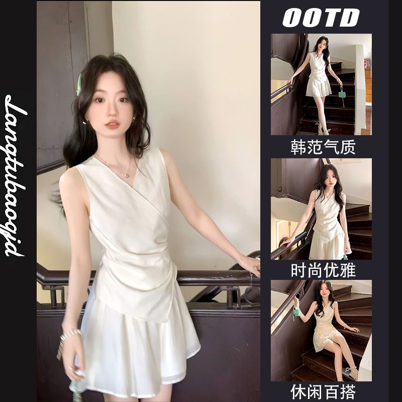 夏季度假风休闲收腰无袖V领绑带上衣女2025新款显瘦短裙子两件套