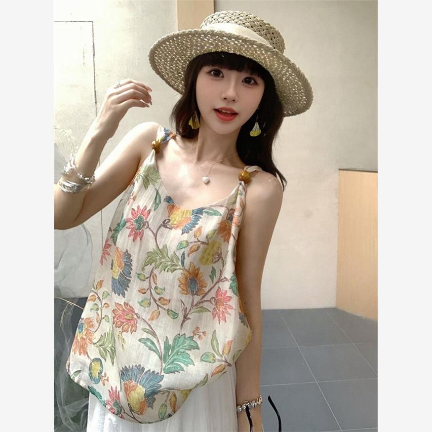 2025夏季新款法式复古时尚度假风吊带背心上衣女休闲阔腿裤两件套