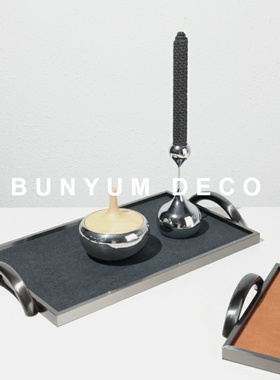 客厅长方形皮革金属提手托盘摆件