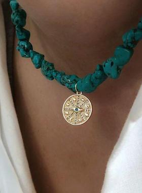 N11081欧美跨境恶魔之眼松石项链 波西米亚风颈链不规则串珠项饰