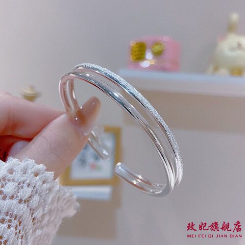 双线钉沙开口纯银手镯女气质网红