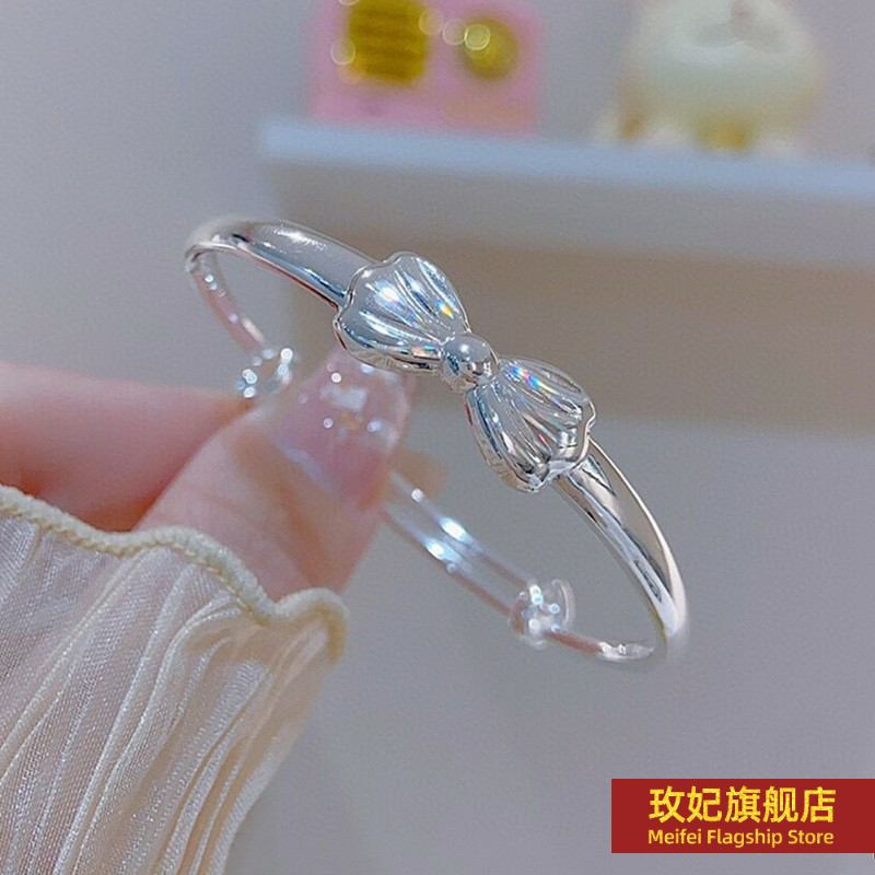 正生纯银纯银足银9999小公主蝴蝶结竹节纯银手镯女孩子中大童儿童