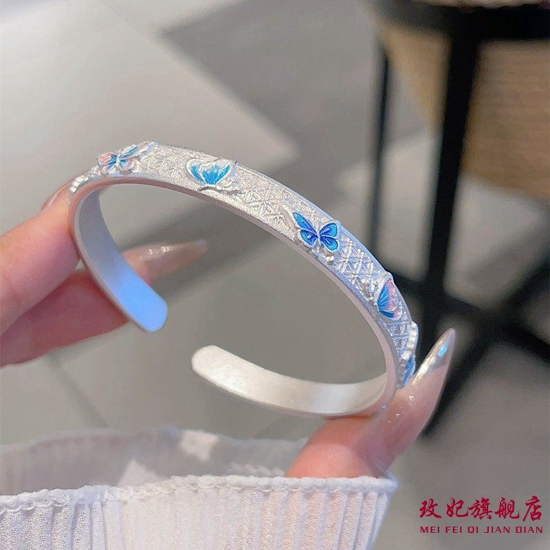 蝴蝶铜钱开口纯银手镯女百搭时尚