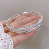 玫妃双线磨砂开口实心纯银手镯足银9999女小众设计简约时尚 网红款