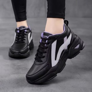 皮面厚底不累脚运动鞋 大码 秋季 女2025新款 防水防滑 4142黑色老爹鞋