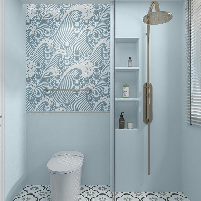 日式卫生间防水墙贴自粘和风壁画背景墙波浪花纹海浪浪花简约壁纸