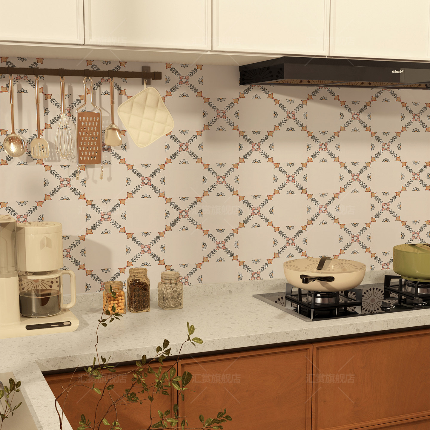 汇赏厨房防油贴纸复古花格加厚自粘墙纸仿瓷砖墙面防水遮丑装饰贴
