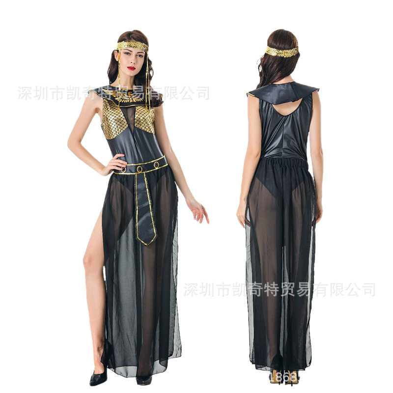 M-XL万圣节希腊女神埃及艳后服装欧美女士PU皮漆皮舞台表演服