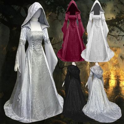 跨境女装cos服中世纪复古风婚纱8色连帽束腰连衣裙cosplay万圣节