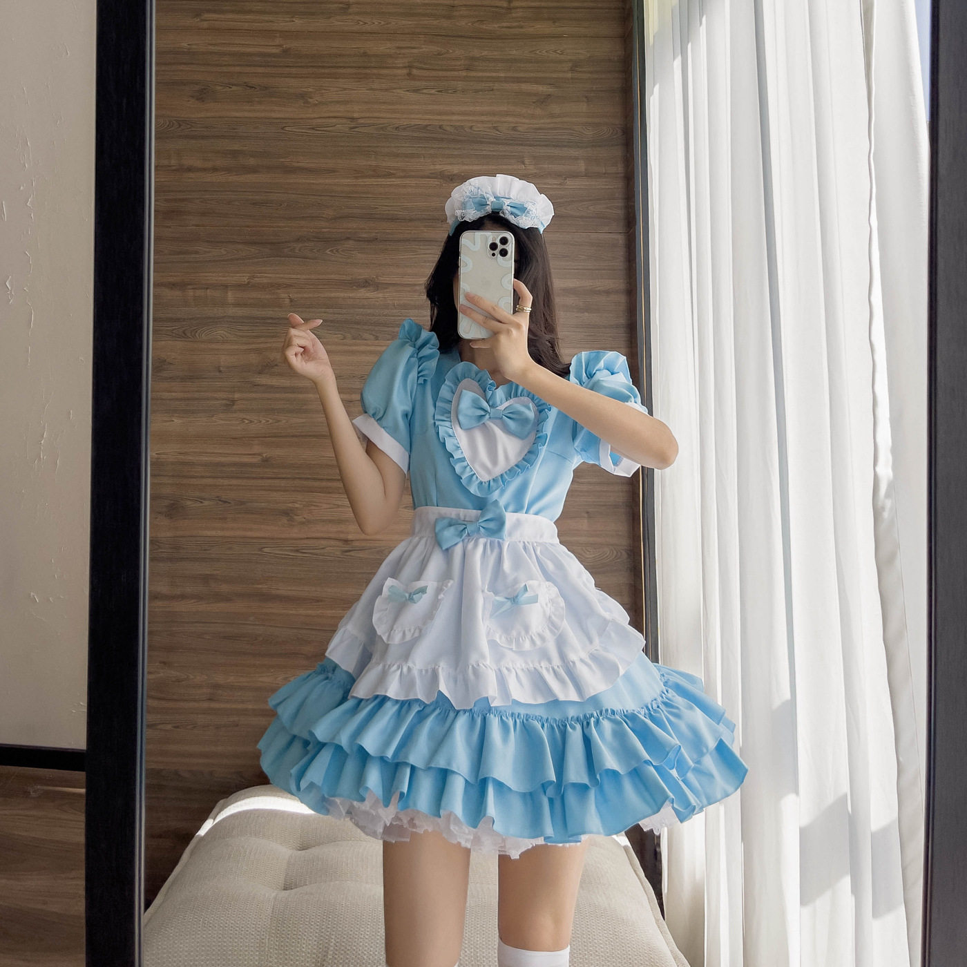 日系性感奶油小甜心女仆装蓝色清纯洛丽塔连衣裙
