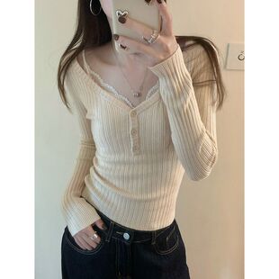 纯欲风坑条v领长袖针织衫女秋季2025新款修身软糯内搭打底衫上衣