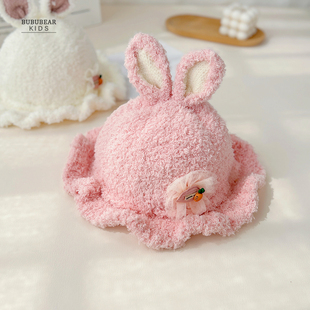 女宝宝帽子秋冬可爱超萌兔子盆帽婴儿冬季毛绒帽婴幼儿保暖渔夫帽