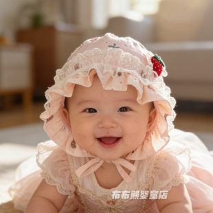婴儿帽子春秋季薄款公主洋气护耳帽女宝宝春天遮阳帽小月龄宫廷帽