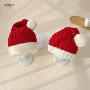 宝宝红色帽子冬季新年毛线帽儿童加厚保暖婴幼儿冬天圣诞帽套头帽