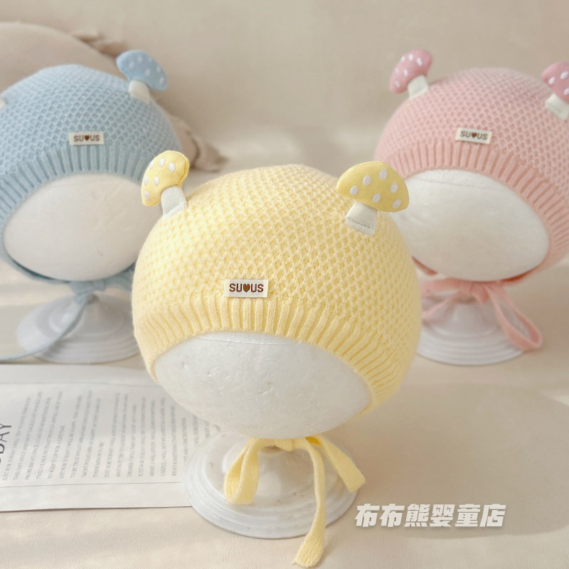 新生婴儿帽子秋冬季可爱针织护耳帽宝宝冬天保暖毛线帽小月龄胎帽