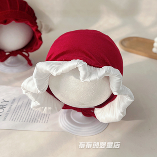 女宝宝帽子春秋红色喜庆公主帽婴儿春季洋气护耳帽女童周岁宫廷帽