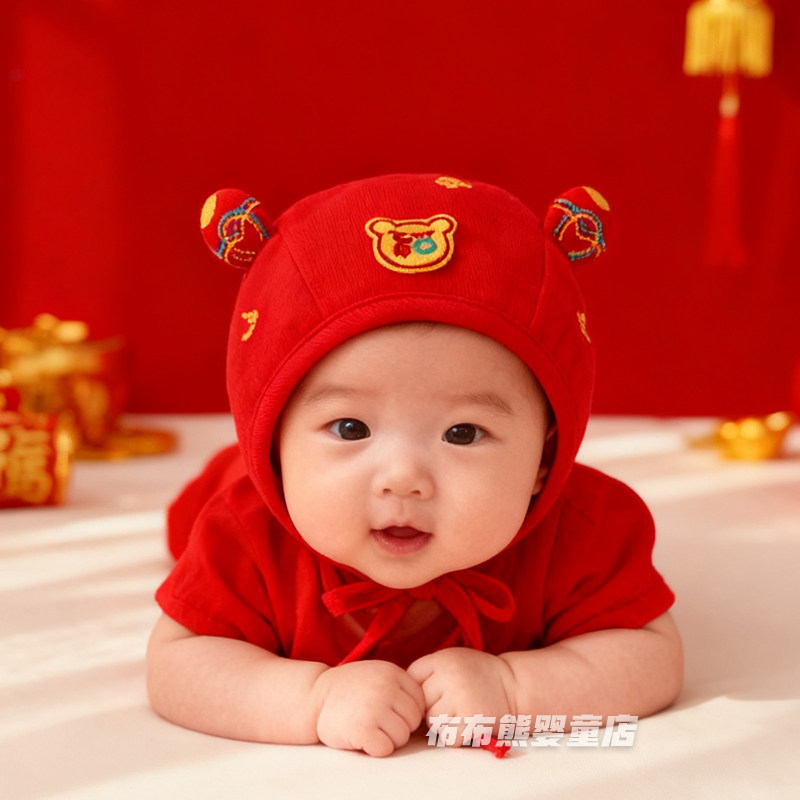 新生婴儿帽子秋冬季加厚全棉百天红色护耳帽初生宝宝冬天保暖胎帽