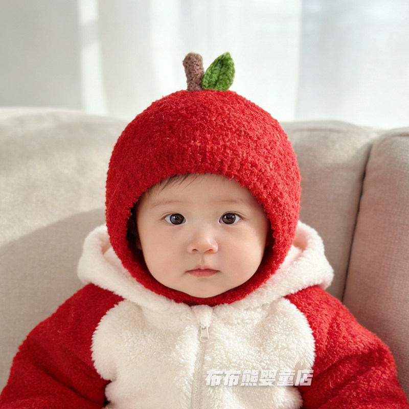 婴儿苹果帽子冬季可爱护耳帽宝宝冬天保暖加厚毛线帽婴幼儿毛绒帽