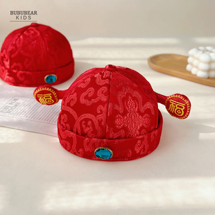 婴儿帽子秋季红色中式地主帽宝宝百天瓜皮帽小月零秋冬过年状元帽