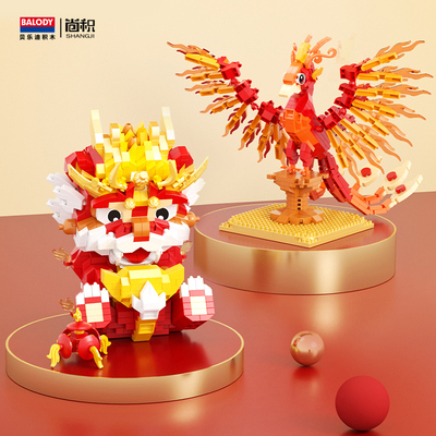 国潮神兽积木拼装小颗粒摆件高级