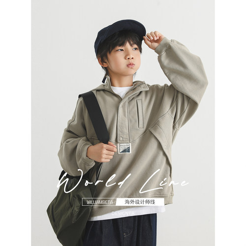 williambeta海外设计师线25秋新款复古小立领连帽毛圈底儿童卫衣