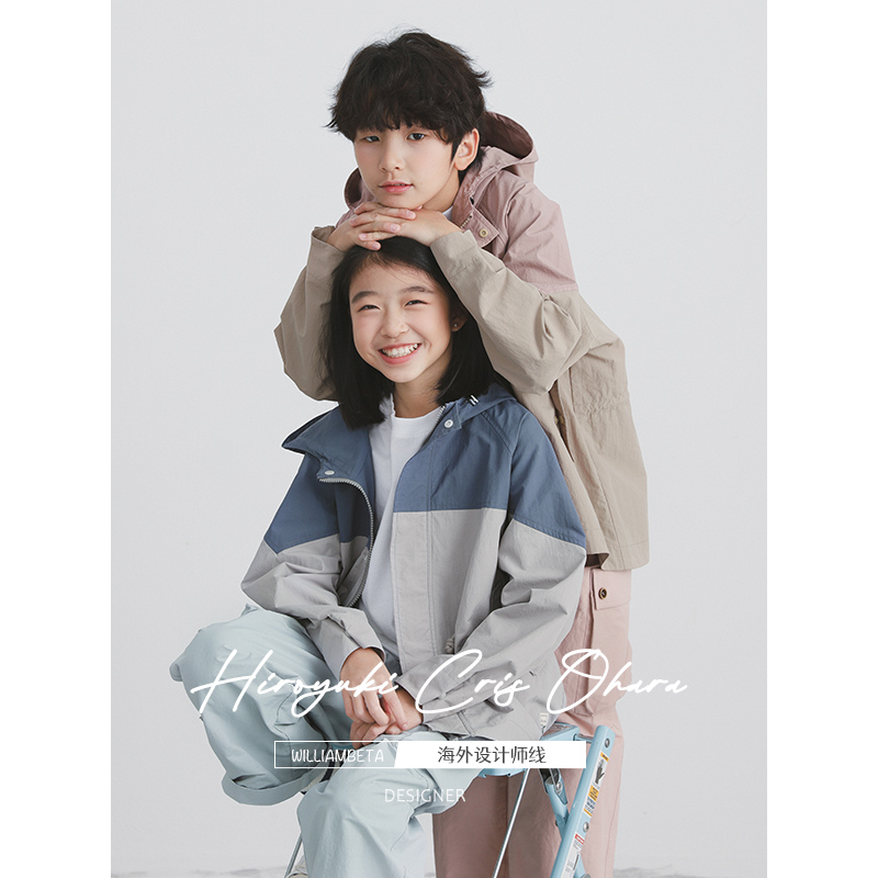williambeta海外设计师线25早春复古拼色连帽插肩袖儿童风衣外套