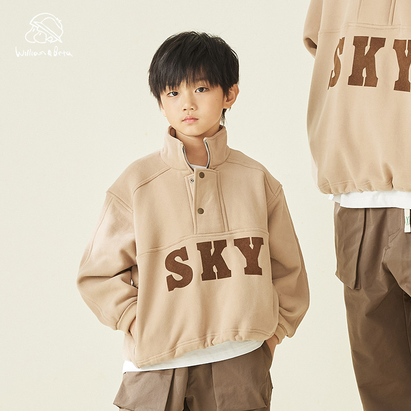 williambeta童装秋冬SKY印花温暖底抓绒高领落肩儿童卫衣