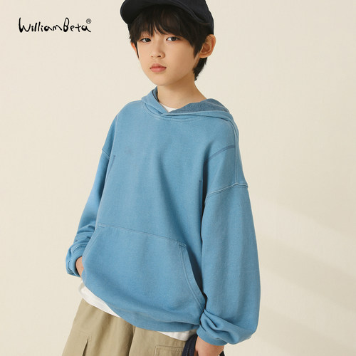 williambeta针织双纱复古洗褪毛圈底连帽儿童卫衣