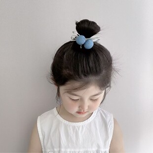 韩系新款 布艺牛仔球球蝴蝶结儿童发圈女童丸子头发绳头绳皮筋发饰