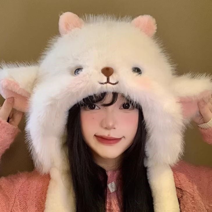 冬季新款可爱小绵羊毛绒帽女帽子捏耳朵会动加厚防寒保暖雷锋帽子