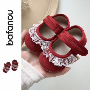 魔术贴防滑 子百天宝宝单鞋 巴梵欧小月龄婴儿公主鞋 可爱红色周岁鞋