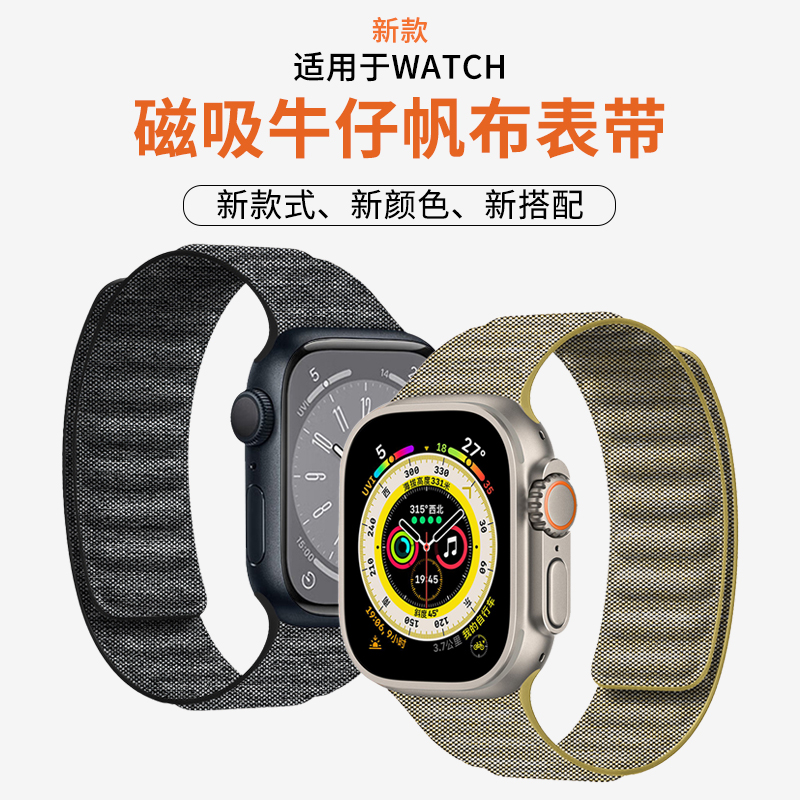 适用iwatch8苹果S9手表S10表带S8帆布applewatch9布质链式S7夏天SE高级感S6复古新款6小众10代创意智能