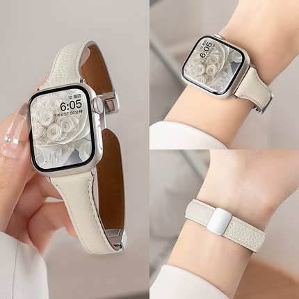匠戴适用iwatch9表带苹果S10手表applewatch9新款荔枝纹真皮S8磁吸扣S7智能7时尚高级SE夏季S6运动6女款腕带
