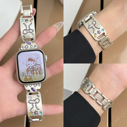 适用iwatch11表带苹果S11手表applewatch9新款S10创意10小狗贴彩石S8金属S9女款7时尚S6智能SE3高级夏季11
