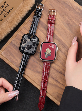 匠戴适用iwatch11表带苹果S11手表applewatch10竹节纹真皮S10腕带红色SE3新款细S9夏天S8女生S7男运动6智能11