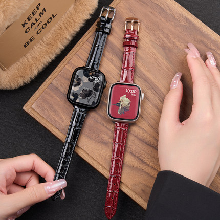 匠戴适用iwatch11表带苹果S11手表applewatch10竹节纹真皮S10腕带红色SE3新款细S9夏天S8女生S7男运动6智能11