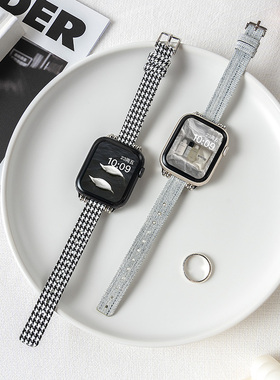 适用iwatch11苹果11代手表applewatch9表带S8帆布S6尼龙SE高级S10千鸟格6夏季5创意4新款41运动45智能watchs