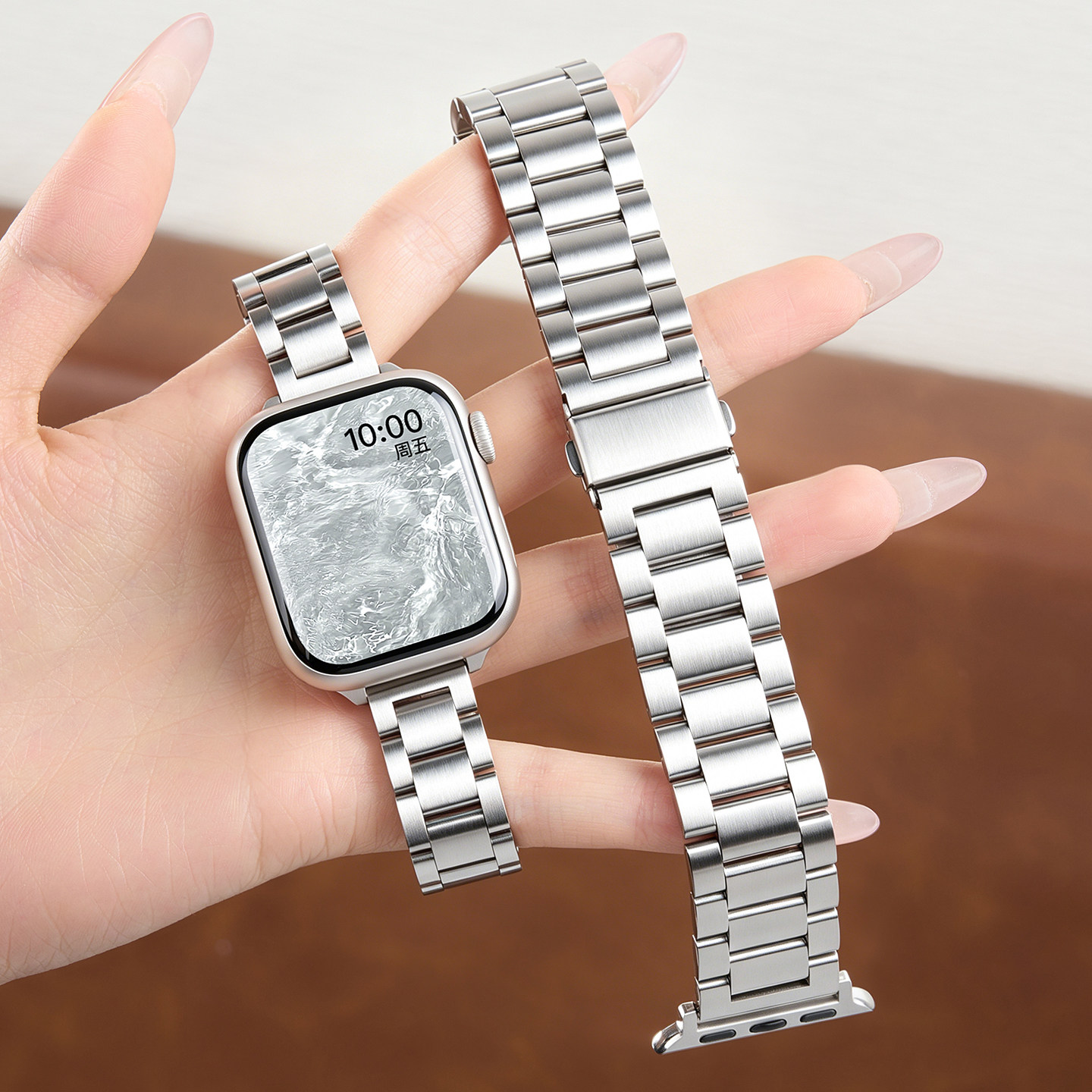 匠戴适用苹果S11手表iwatch10表带applewatch9高级三珠钢带SE3新款金属S9韩系夏天S8时尚男女款Ultra智能运动