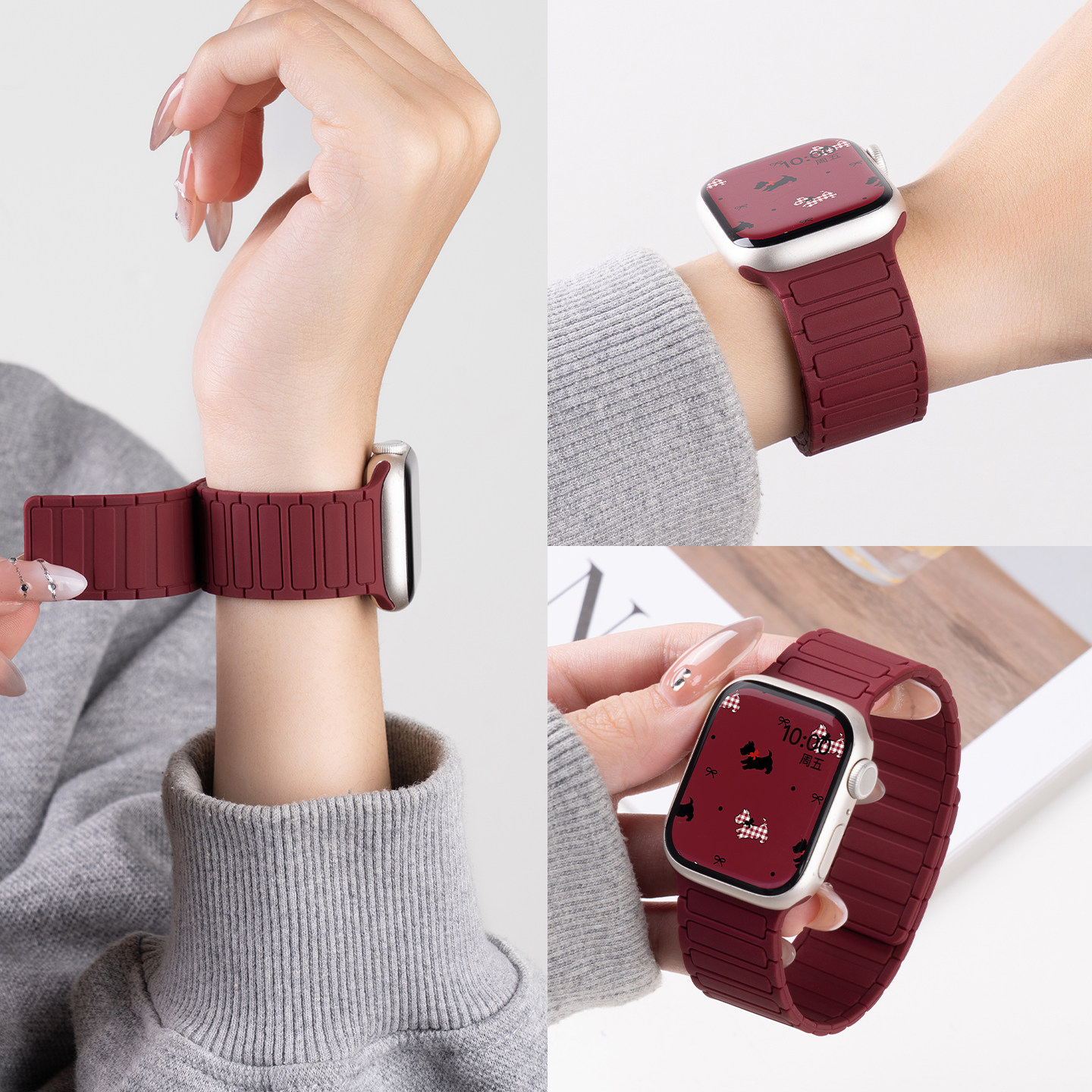 婧仪同款匠戴适用iwatch11手表苹果S10表带applewatch9新款红色硅胶腕带S9磁吸se3运动秋冬圣诞男女Ultra智能