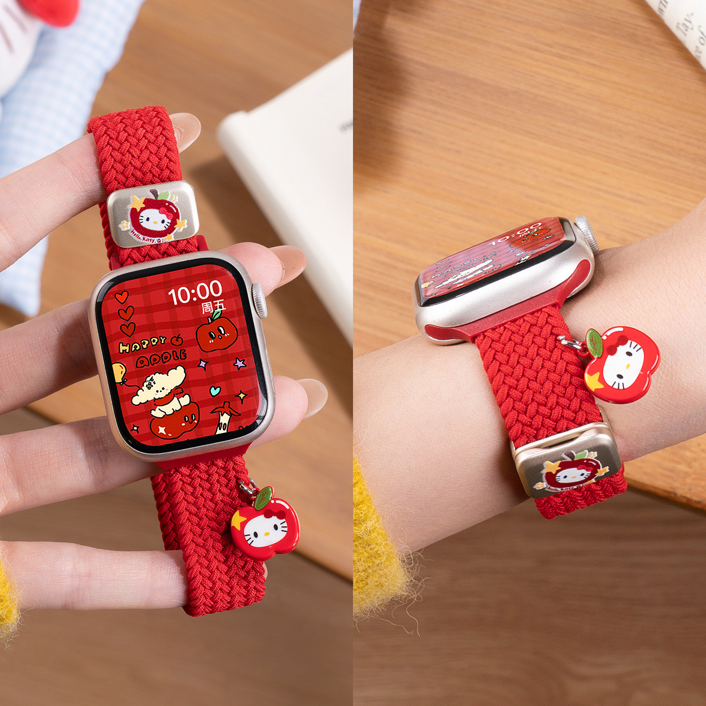 匠戴适用苹果S11手表iwatch11表带applewatch10可爱凯蒂猫挂饰S10编织红色S9新款尼龙女生秋冬11智能SE3运动
