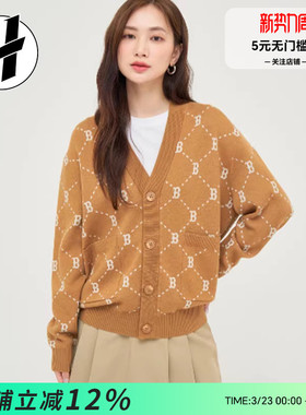 MLB老花系列Logo钻石老花满印V领长袖排扣毛衣开衫男女同款情侣款